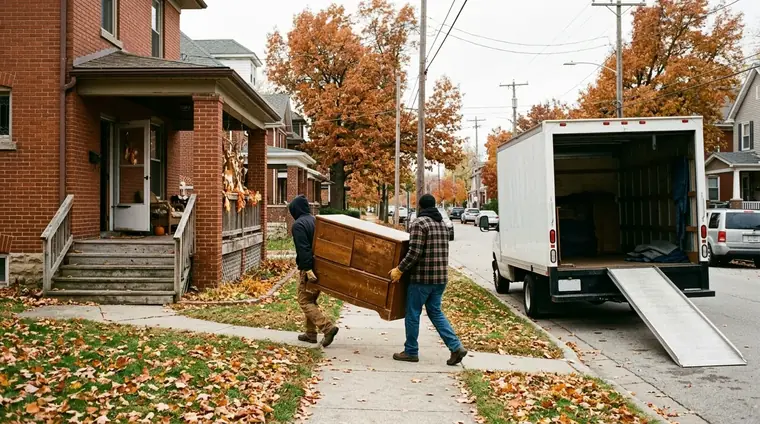 Two movers carrying a dresser from a brick house to a moving truck on an autumn street